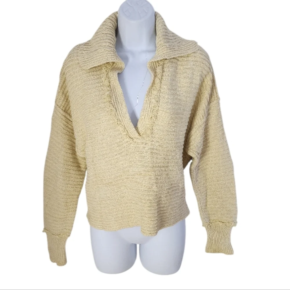 Free People Marlie Pullover Oversized Cropped Women's Beige Knit Sweater XS - Picture 3 of 11